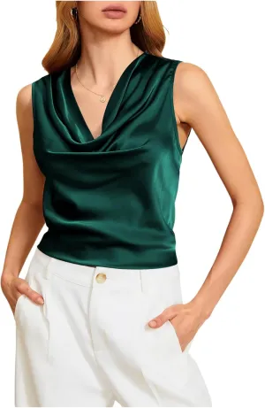MakeMeChic Women's Satin Silk Tank Tops Cowl Neck Sleeveless Camisole Tops Dressy Shirts