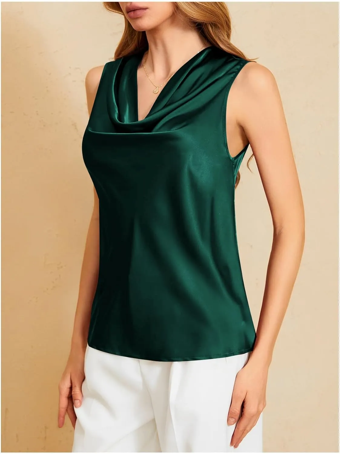 MakeMeChic Women's Satin Silk Tank Tops Cowl Neck Sleeveless Camisole Tops Dressy Shirts
