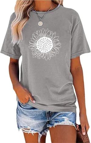 MaQiYa Womens Cute Sunflower Graphic Printed Tee Shirts Vintage Short Sleeve Cotton Shirts Tops