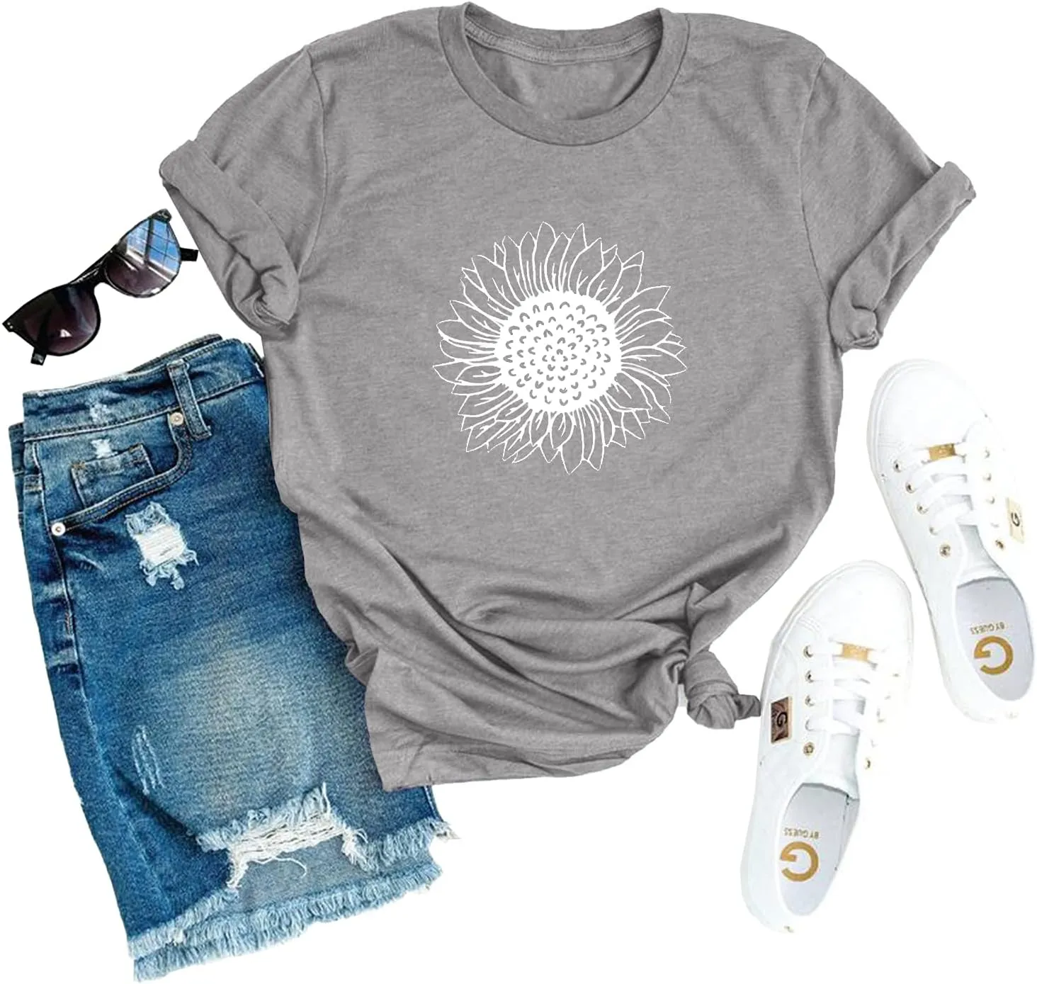 MaQiYa Womens Cute Sunflower Graphic Printed Tee Shirts Vintage Short Sleeve Cotton Shirts Tops
