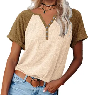 MaQiYa Womens V Neck Basic Tops Color Block Tunic T Shirts Summer Short Sleeve Casual Cotton Tees Shirts