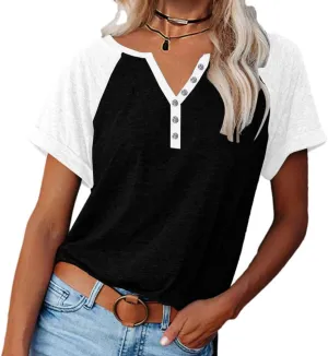 MaQiYa Womens V Neck Basic Tops Color Block Tunic T Shirts Summer Short Sleeve Casual Cotton Tees Shirts