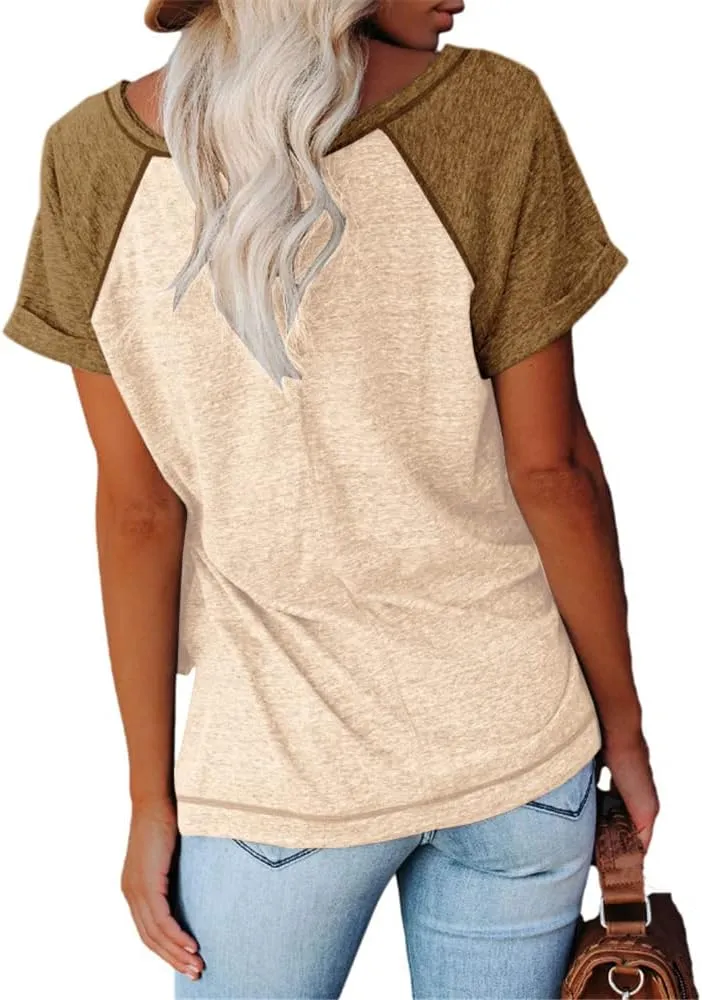 MaQiYa Womens V Neck Basic Tops Color Block Tunic T Shirts Summer Short Sleeve Casual Cotton Tees Shirts