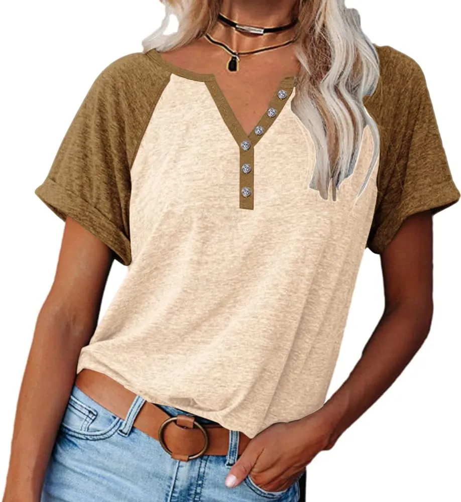 MaQiYa Womens V Neck Basic Tops Color Block Tunic T Shirts Summer Short Sleeve Casual Cotton Tees Shirts
