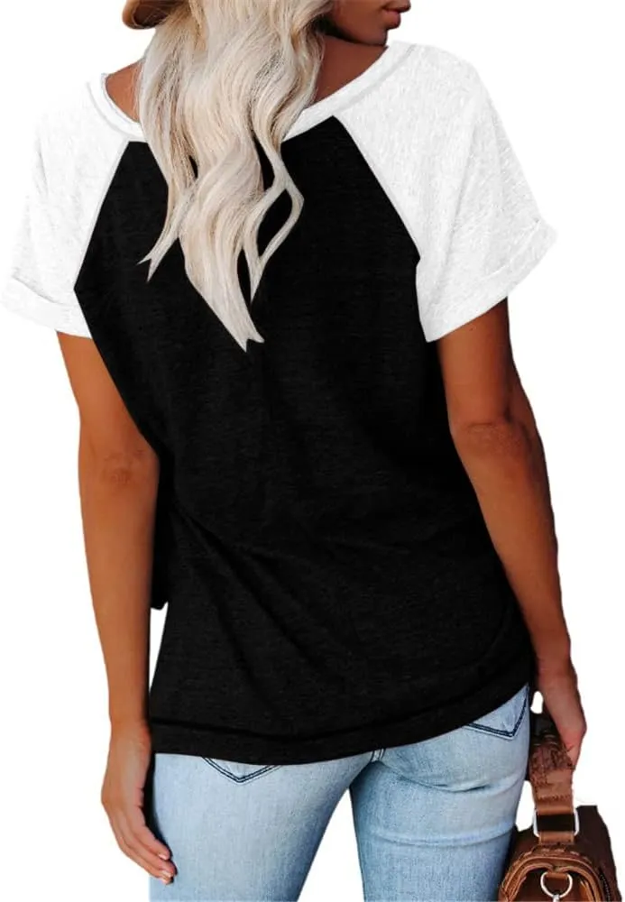 MaQiYa Womens V Neck Basic Tops Color Block Tunic T Shirts Summer Short Sleeve Casual Cotton Tees Shirts