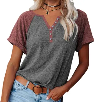 MaQiYa Womens V Neck Basic Tops Color Block Tunic T Shirts Summer Short Sleeve Casual Cotton Tees Shirts