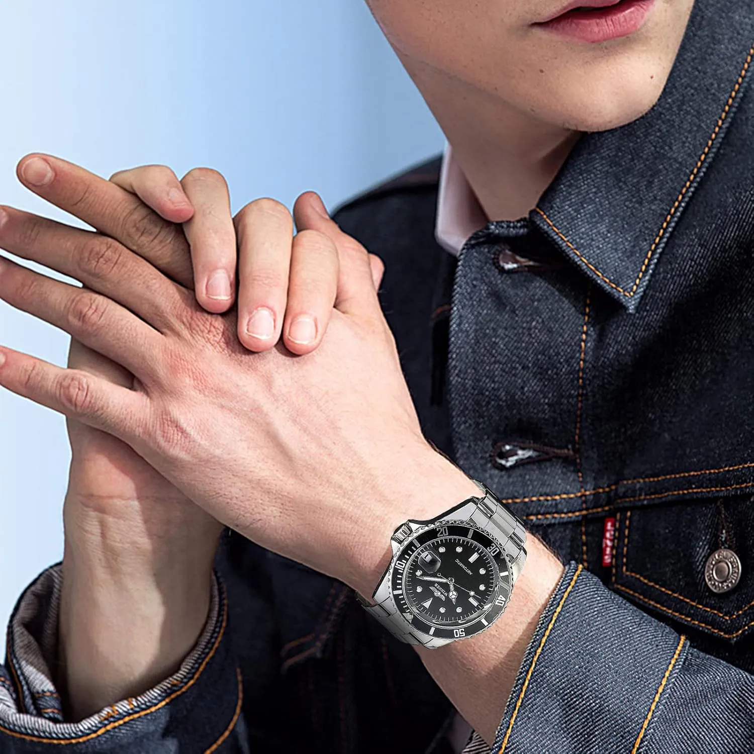 MASTOP Men Automatic Mechanical Watches Full Steel Waterproof Mens Watches with Calendar