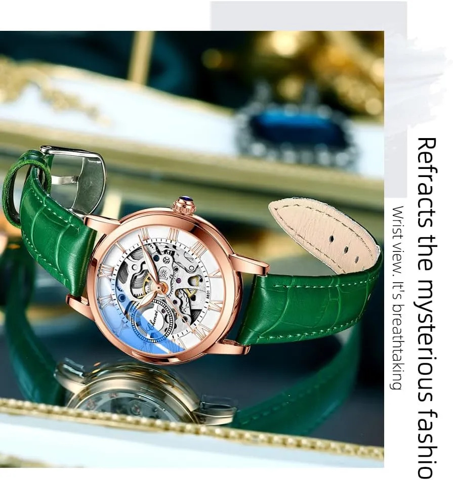 MASTOP Women's Sapphire Watches Automatic Steampunk Self Winding Mechanical Gold Bracelet Ladies Skeleton Wrist Watch Leather Strap for Ladies Famale