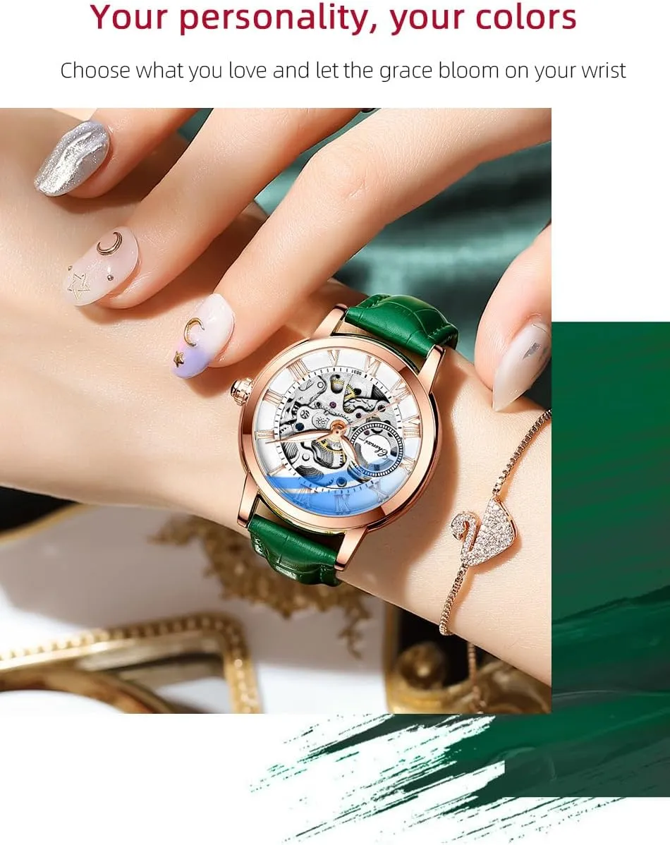 MASTOP Women's Sapphire Watches Automatic Steampunk Self Winding Mechanical Gold Bracelet Ladies Skeleton Wrist Watch Leather Strap for Ladies Famale