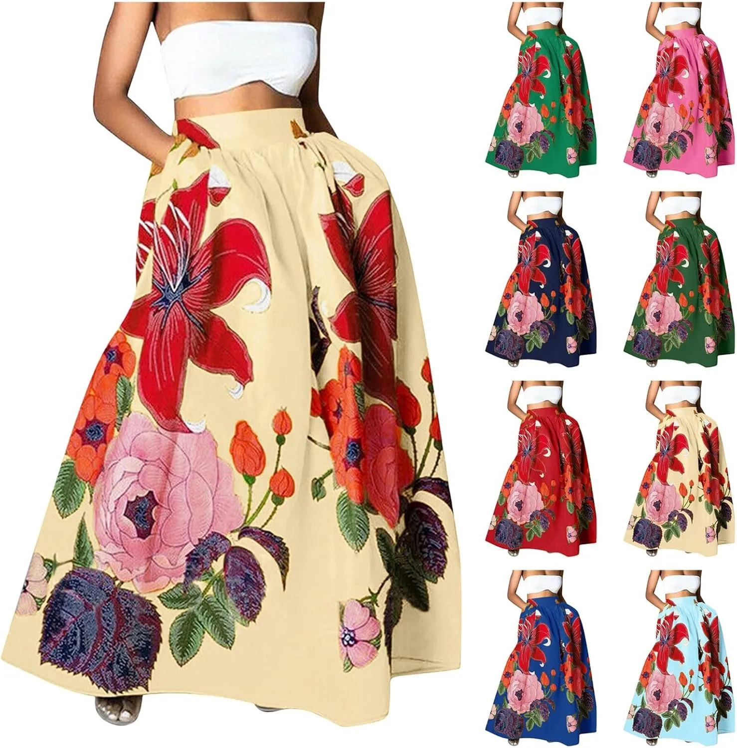 Maxi Skirts for Women Boho Skirt Summer Floral Skirt Long Flowy Skirts Broomstick Skirts Elastic Waist A Line Skirts