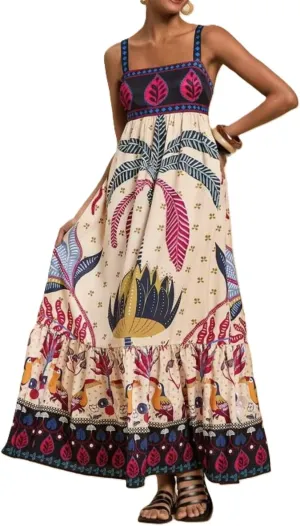 Melliflo Boho Maxi Cami Dress for Women Spaghetti Strap A Line Long Dress Summer Flowy Beach Vacation Tropical Sundress