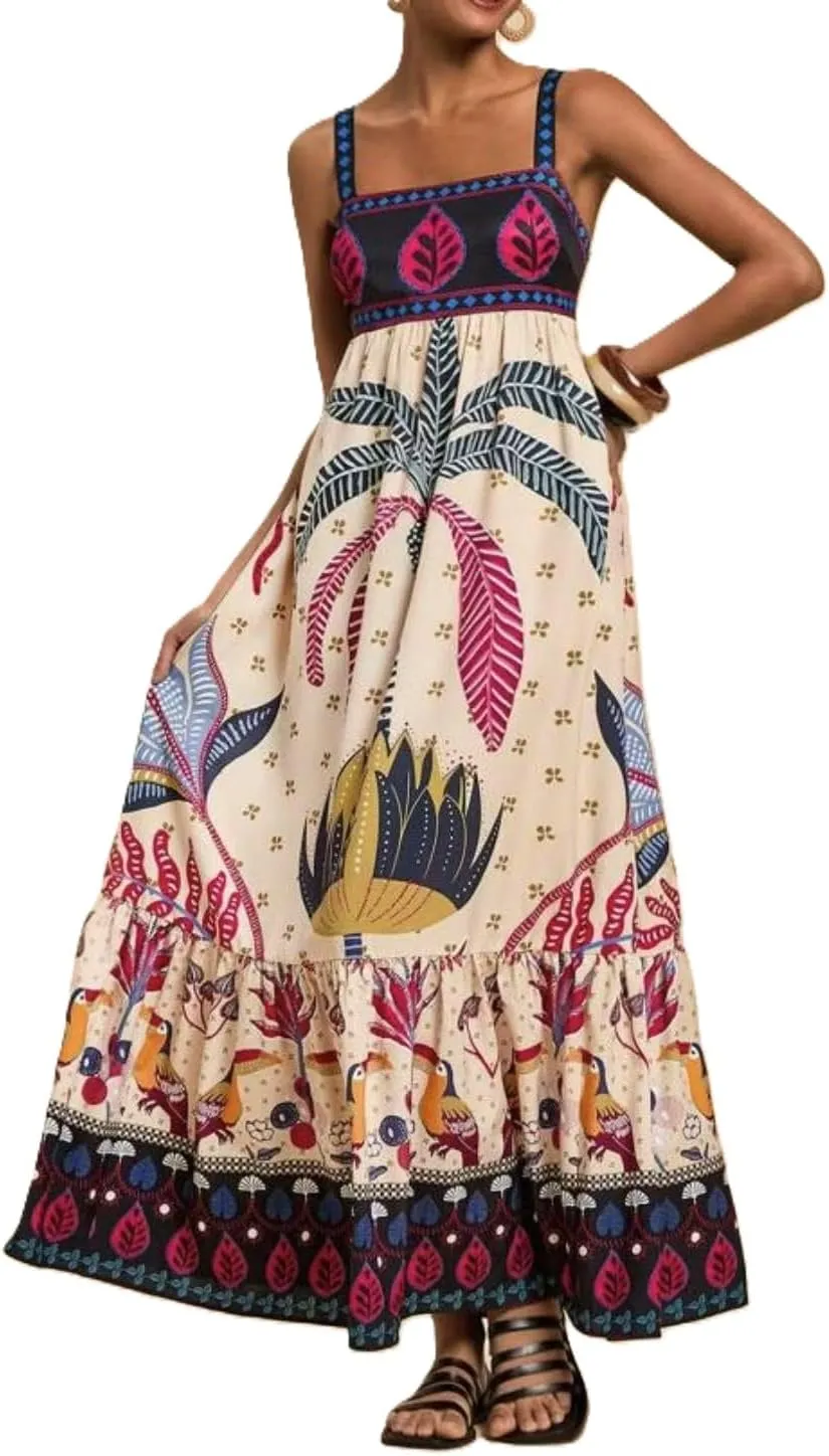 Melliflo Boho Maxi Cami Dress for Women Spaghetti Strap A Line Long Dress Summer Flowy Beach Vacation Tropical Sundress