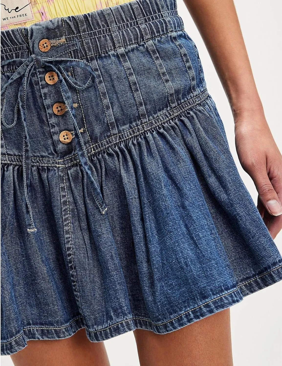 Melliflo Womens Bow Knot Mini Denim Skirt High Elastic Waisted Button Jean Short Skirt Pleated Ruffle A Line Mini Jean Skirts