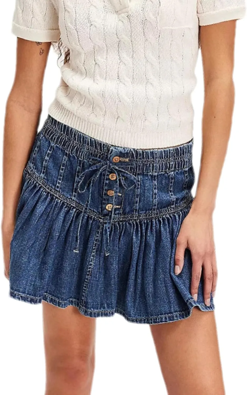 Melliflo Womens Bow Knot Mini Denim Skirt High Elastic Waisted Button Jean Short Skirt Pleated Ruffle A Line Mini Jean Skirts