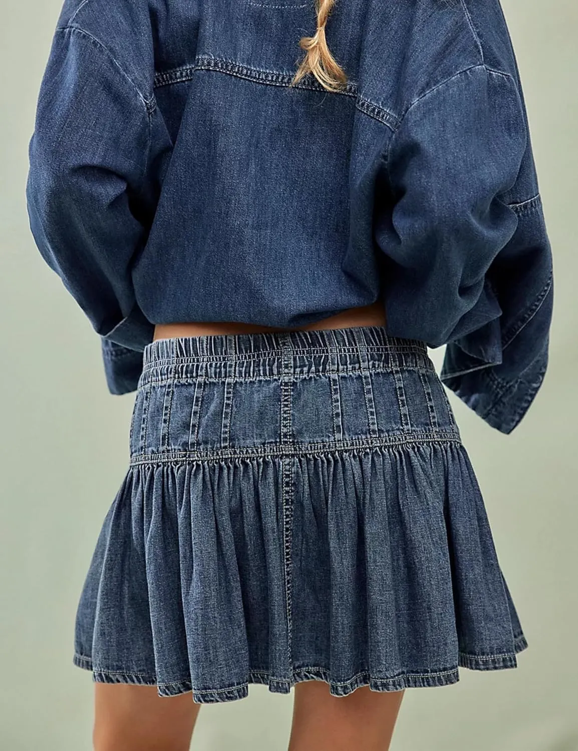 Melliflo Womens Bow Knot Mini Denim Skirt High Elastic Waisted Button Jean Short Skirt Pleated Ruffle A Line Mini Jean Skirts