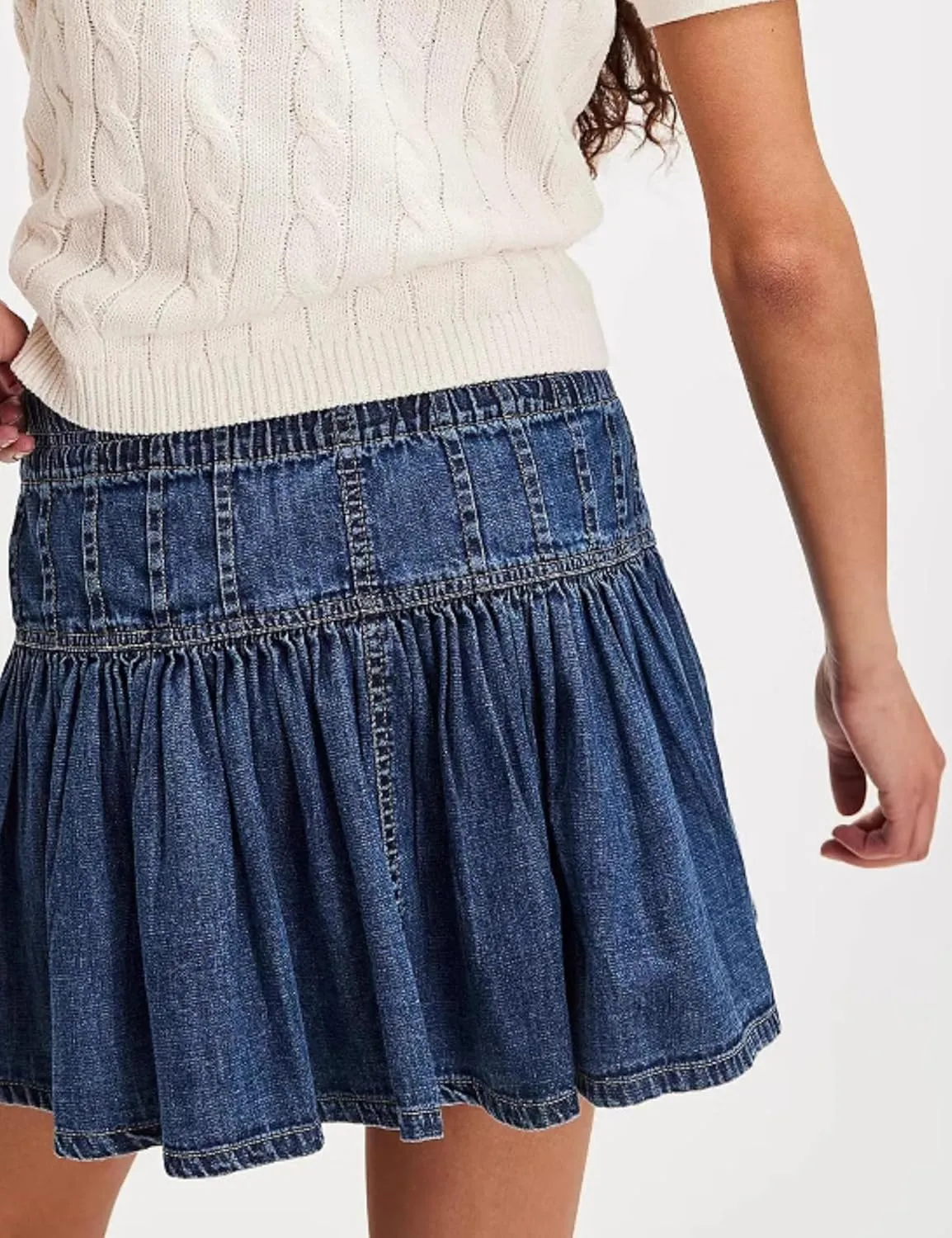 Melliflo Womens Bow Knot Mini Denim Skirt High Elastic Waisted Button Jean Short Skirt Pleated Ruffle A Line Mini Jean Skirts