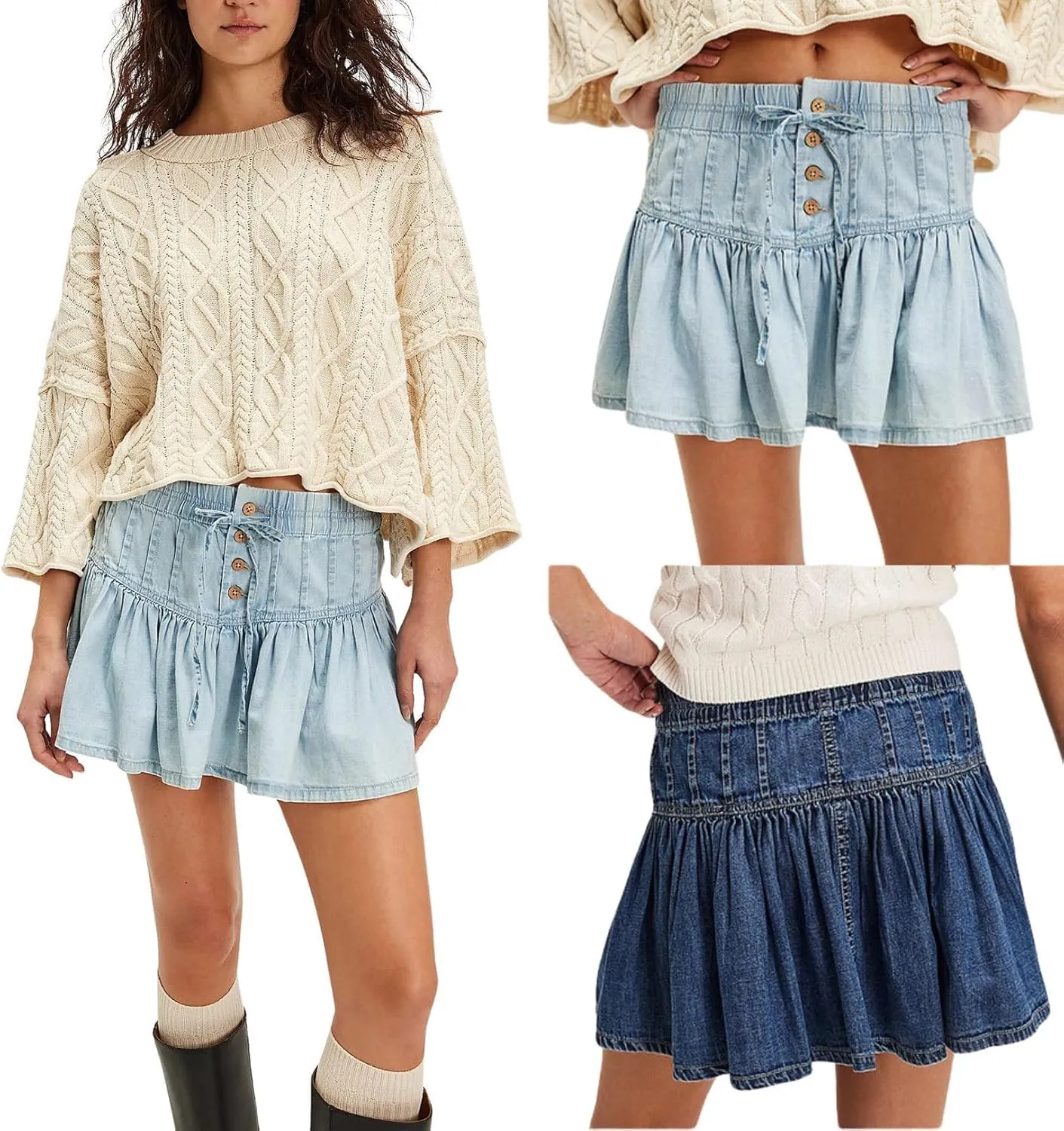 Melliflo Womens Bow Knot Mini Denim Skirt High Elastic Waisted Button Jean Short Skirt Pleated Ruffle A Line Mini Jean Skirts