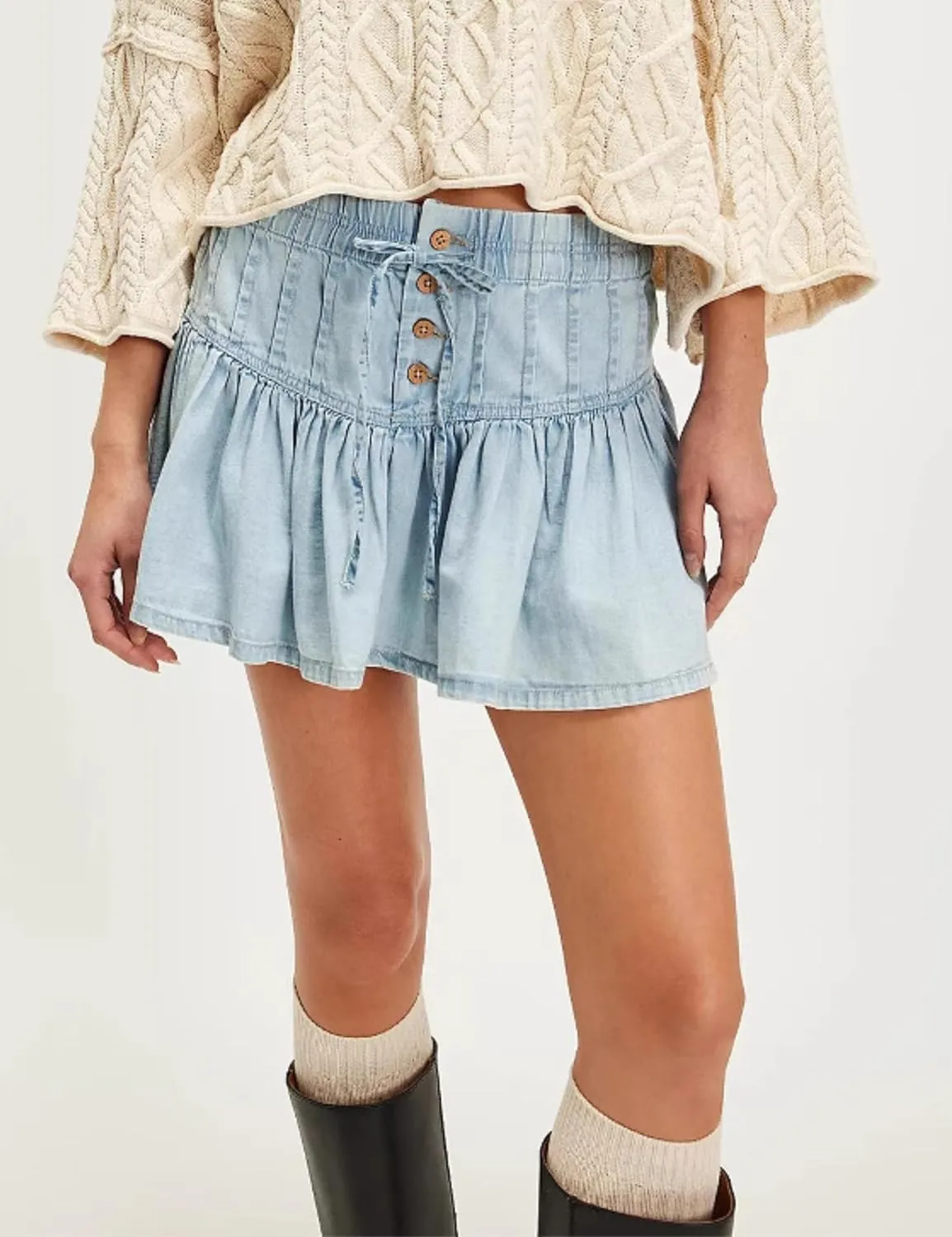 Melliflo Womens Bow Knot Mini Denim Skirt High Elastic Waisted Button Jean Short Skirt Pleated Ruffle A Line Mini Jean Skirts