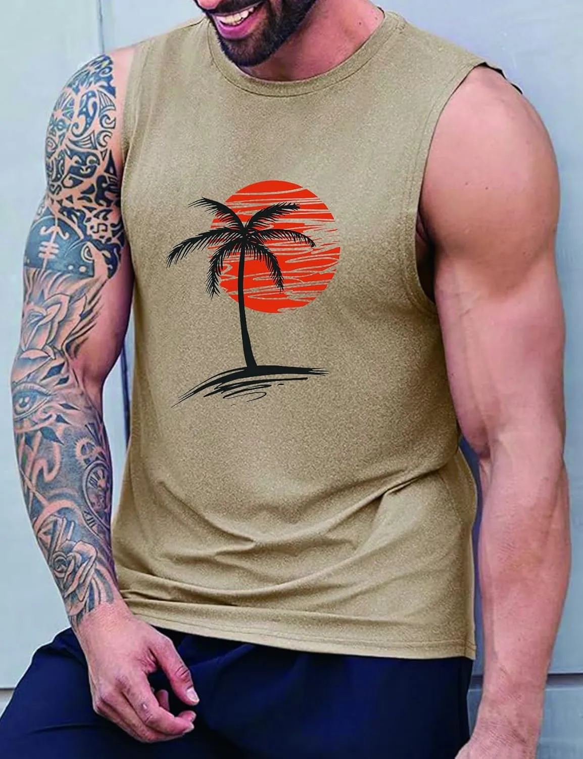 Men Summer Beach Tank Tops Hawaiian Palm Tree Sleeveless Shirts T Shirt Graphic Muscle Gym Vacation Tee Top