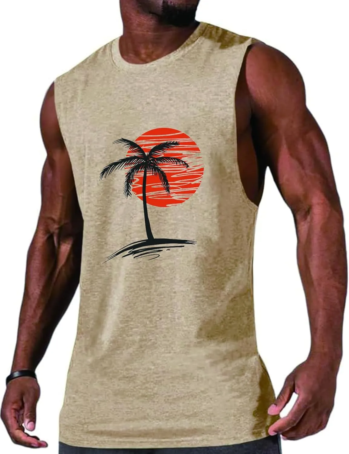 Men Summer Beach Tank Tops Hawaiian Palm Tree Sleeveless Shirts T Shirt Graphic Muscle Gym Vacation Tee Top