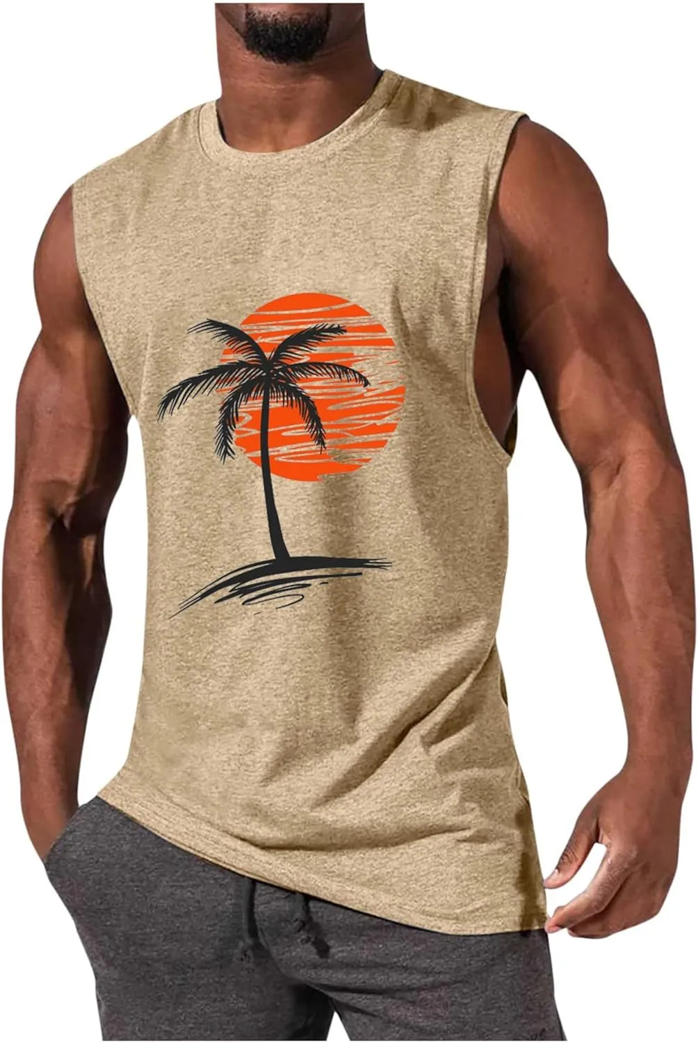 Men Summer Beach Tank Tops Hawaiian Palm Tree Sleeveless Shirts T Shirt Graphic Muscle Gym Vacation Tee Top