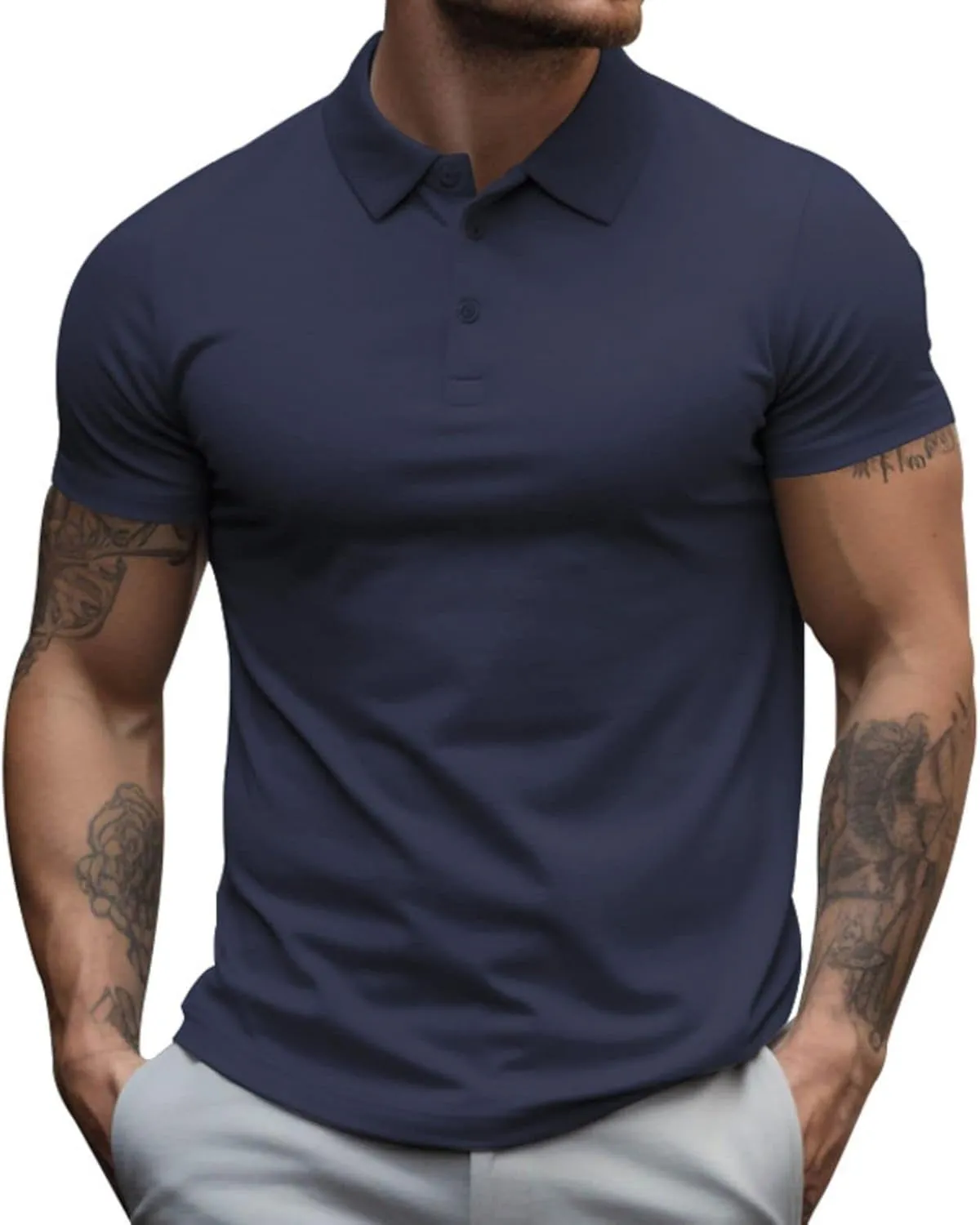 Mens Business T Shirt Solid Color Short Sleeve Lapel Tops Slim Fit Polo Tees Muscle Bodybuilding Sport Workout Shirts