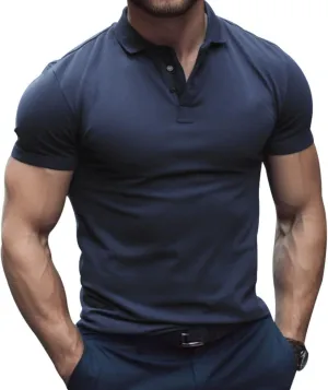 Mens Business T Shirt Solid Color Short Sleeve Lapel Tops Slim Fit Polo Tees Muscle Bodybuilding Sport Workout Shirts