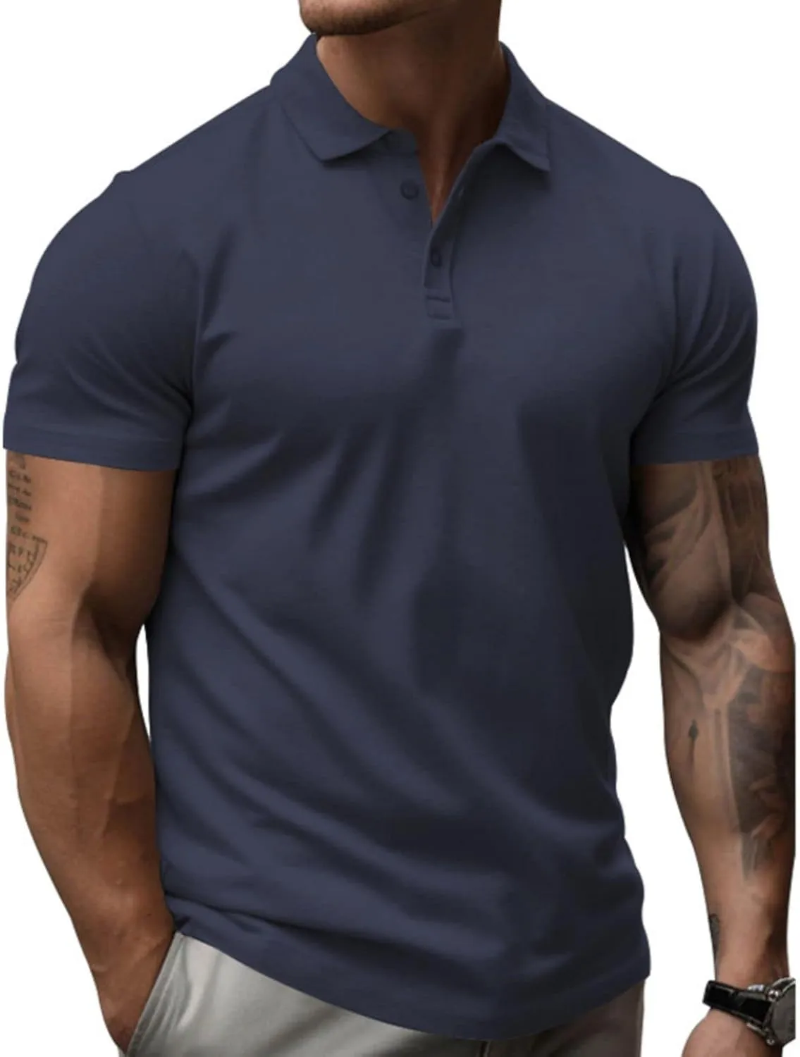 Mens Business T Shirt Solid Color Short Sleeve Lapel Tops Slim Fit Polo Tees Muscle Bodybuilding Sport Workout Shirts