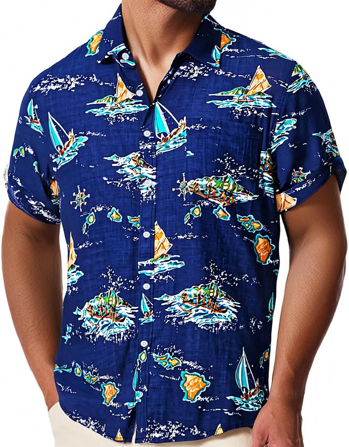 Mens Casual Hawaiian Shirts Front Pocket Summer Floral Shirt Short Sleeve Button Down Tropical Beach Shirts