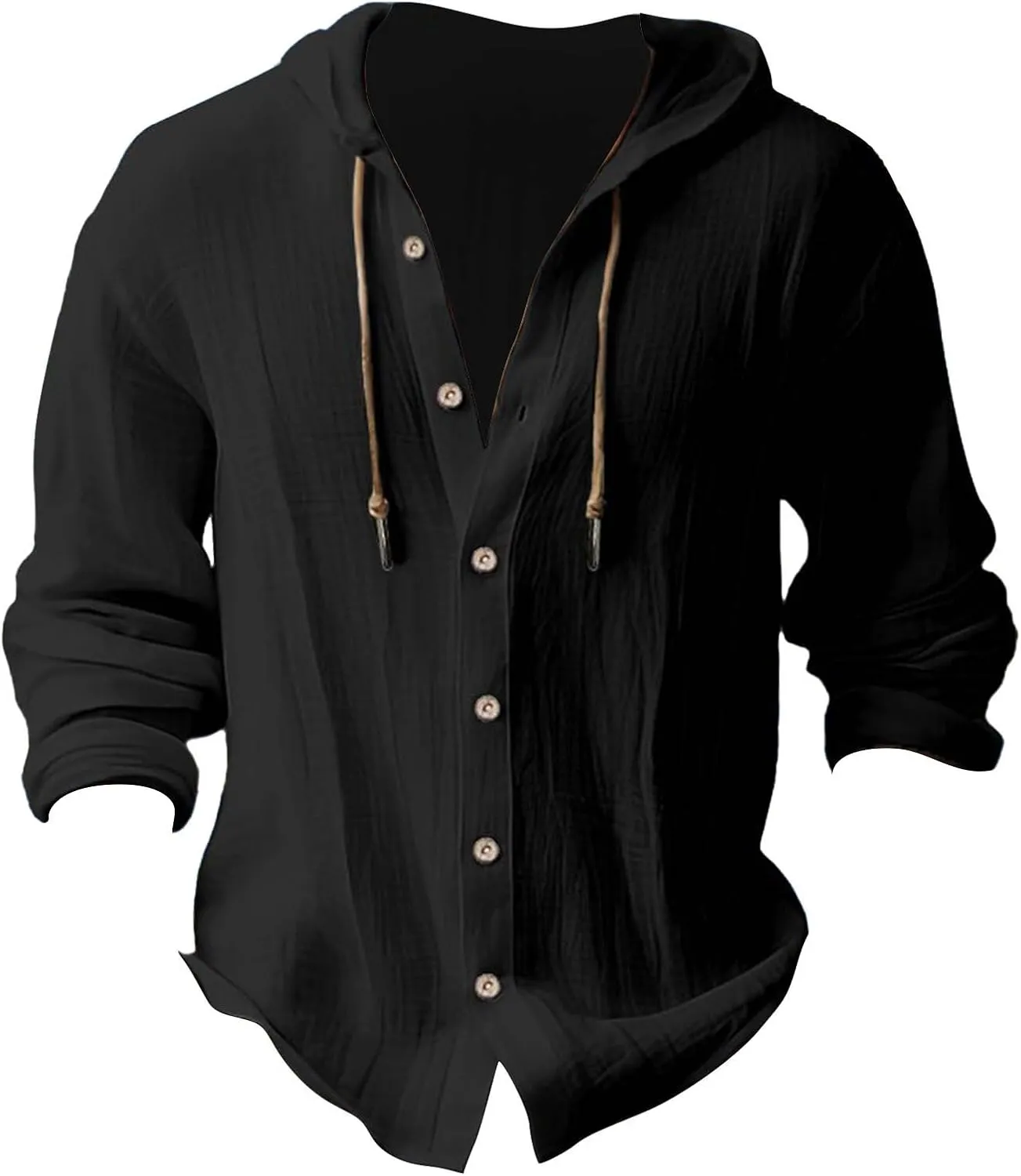 Mens Cotton Linen Henley Shirts with Hood Casual V Neck Drawstring Long Sleeve Hooded Sweatshirt Summer Button Shirt