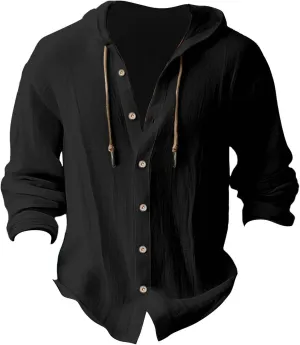 Mens Cotton Linen Henley Shirts with Hood Casual V Neck Drawstring Long Sleeve Hooded Sweatshirt Summer Button Shirt
