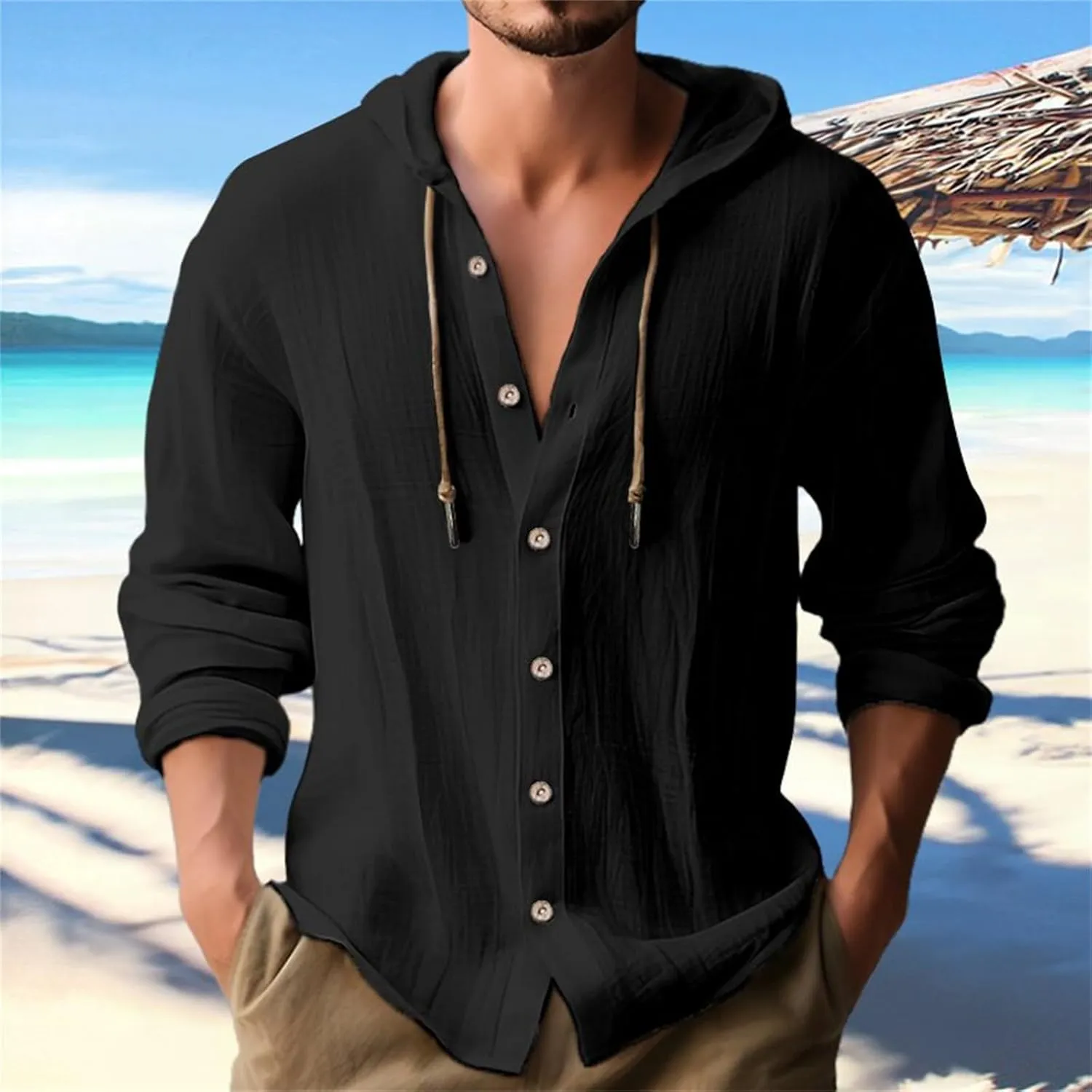 Mens Cotton Linen Henley Shirts with Hood Casual V Neck Drawstring Long Sleeve Hooded Sweatshirt Summer Button Shirt