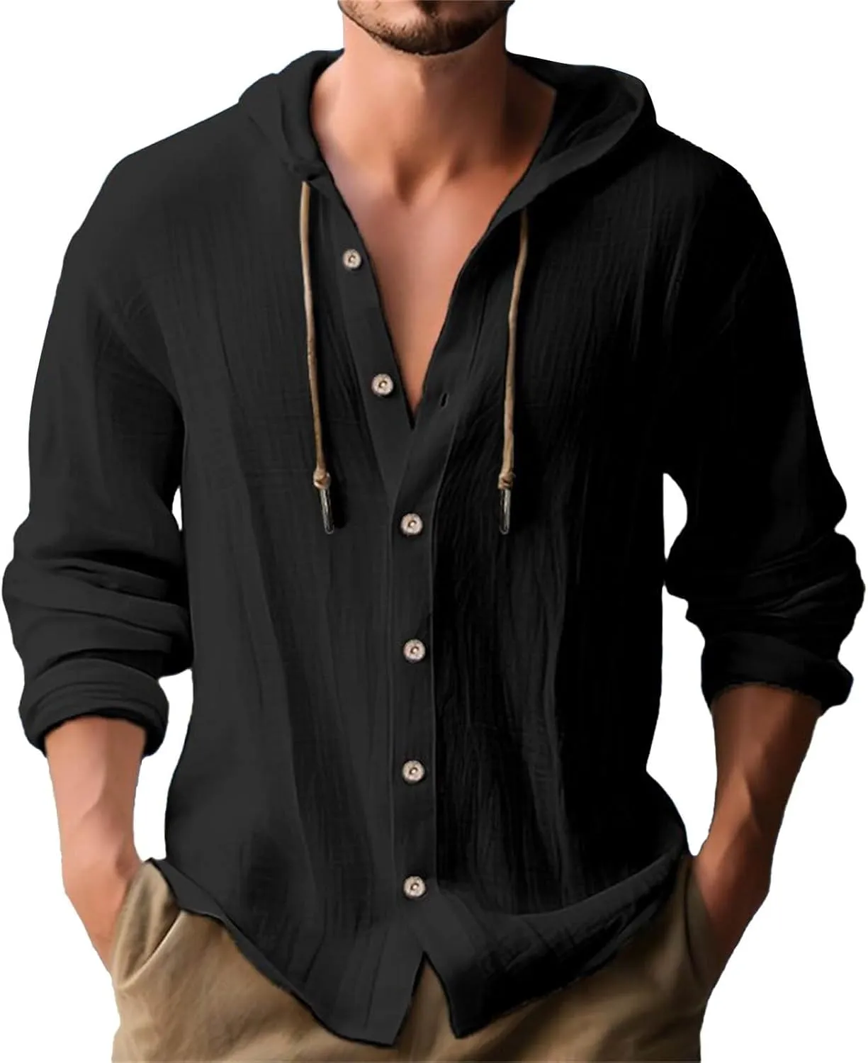 Mens Cotton Linen Henley Shirts with Hood Casual V Neck Drawstring Long Sleeve Hooded Sweatshirt Summer Button Shirt