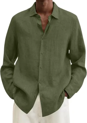 Mens Cotton Linen Long Sleeve Shirts Casual Lightweight Button Down T-shirts Summer Vacation Beach Tops Cuban Shirt