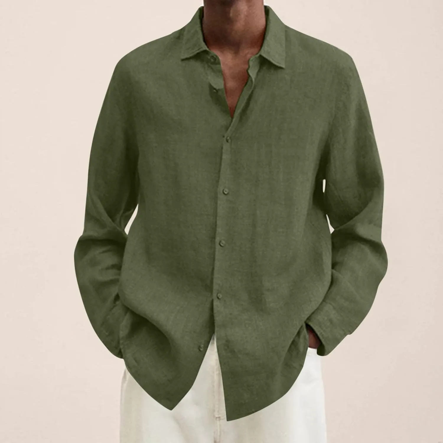 Mens Cotton Linen Long Sleeve Shirts Casual Lightweight Button Down T-shirts Summer Vacation Beach Tops Cuban Shirt