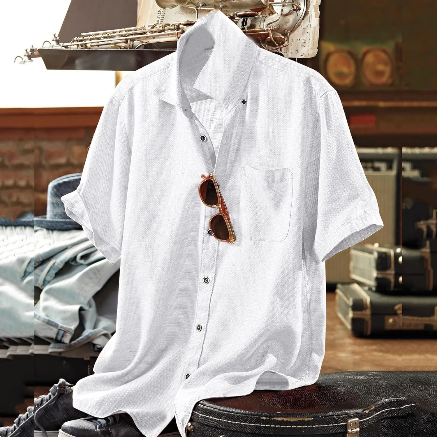 Men's Cotton Linen Shirt Short Sleeve Pocket Lapel Solid Color Top Button Down Casual Outings Beach Brunch Lounge Wear