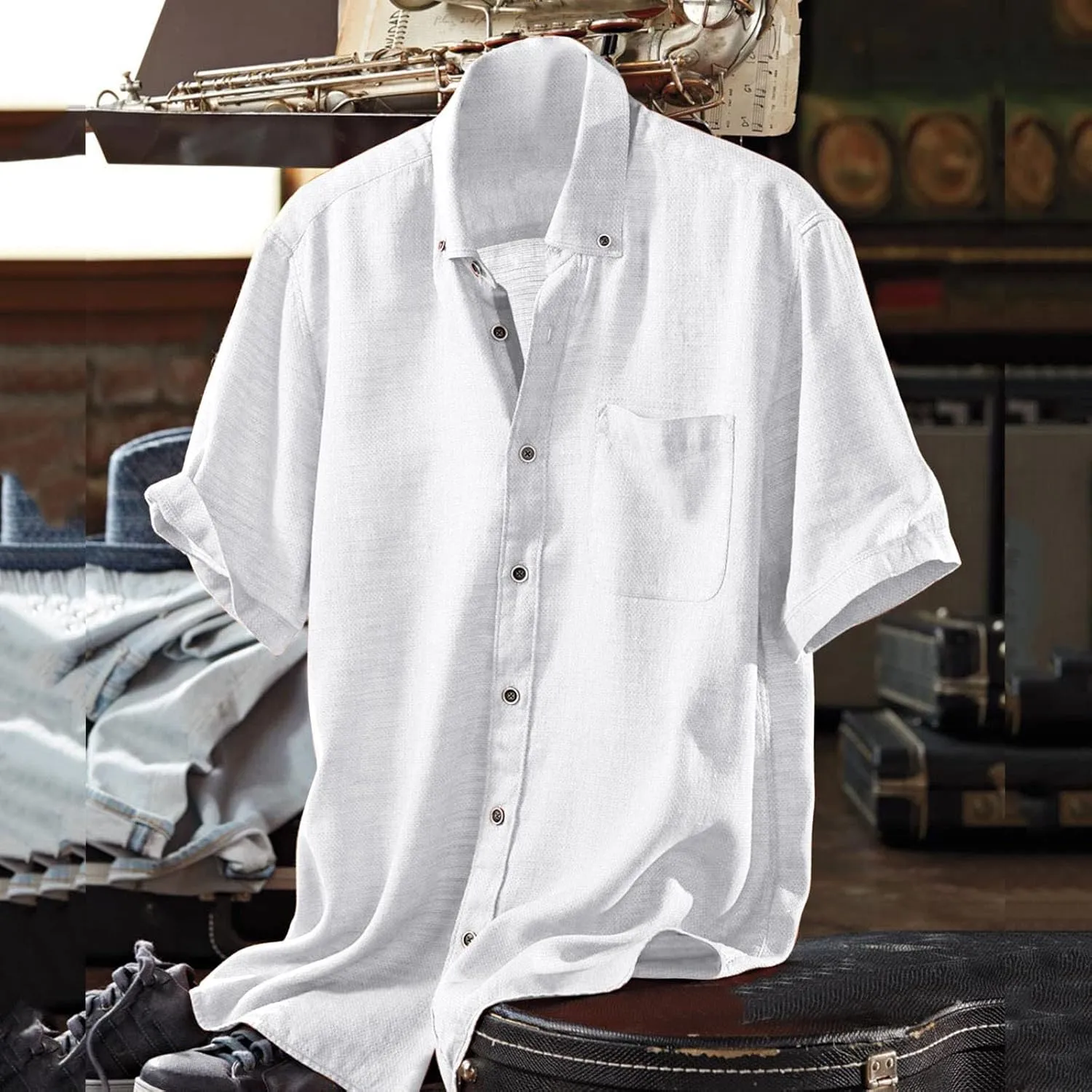 Men's Cotton Linen Shirt Short Sleeve Pocket Lapel Solid Color Top Button Down Casual Outings Beach Brunch Lounge Wear