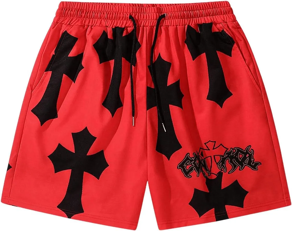 Men's Cross Graphic Shorts Gothic Drawstring Waist Workout Drippy Shorts