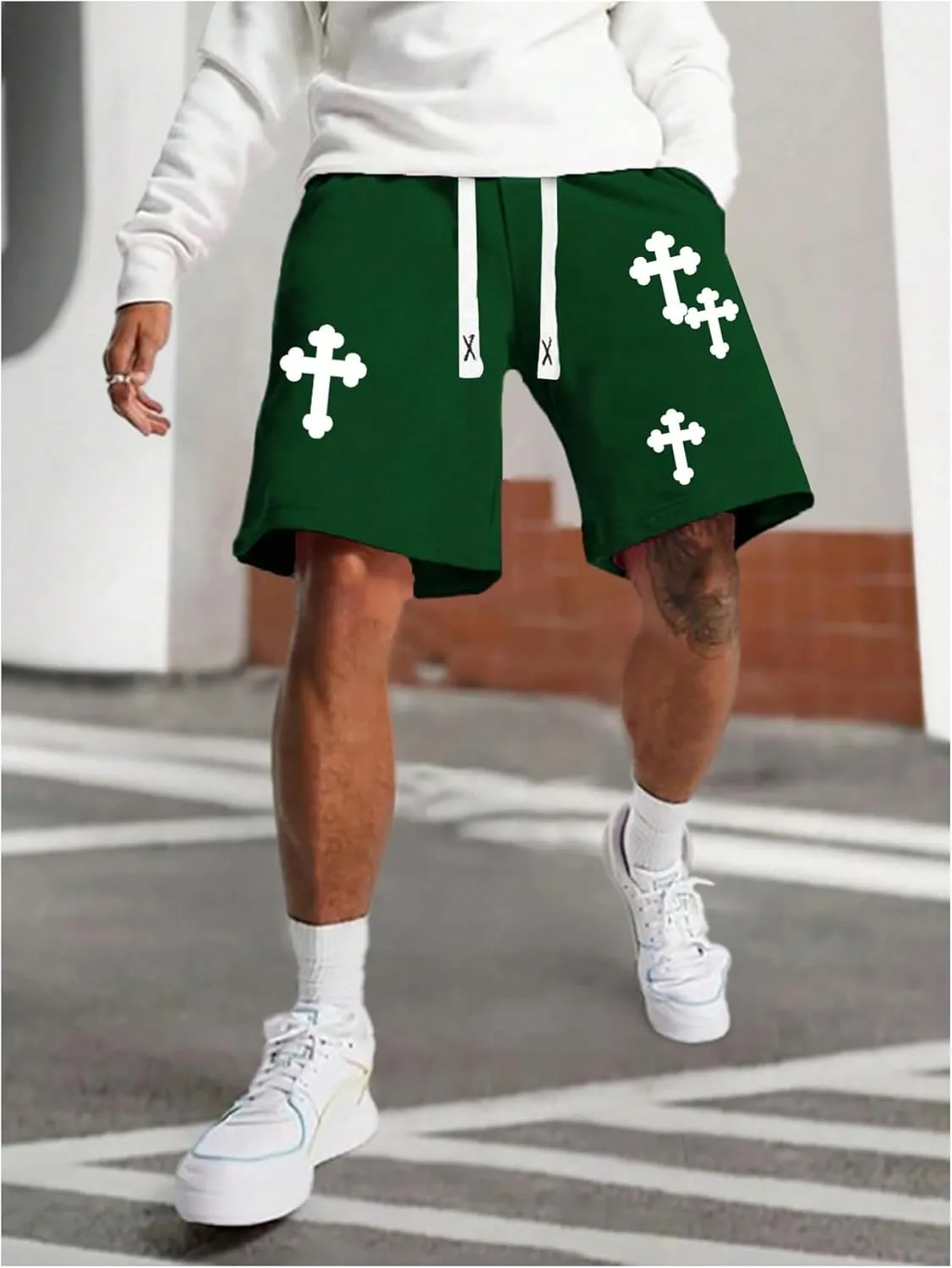 Men's Cross Graphic Shorts Gothic Drawstring Waist Workout Drippy Shorts