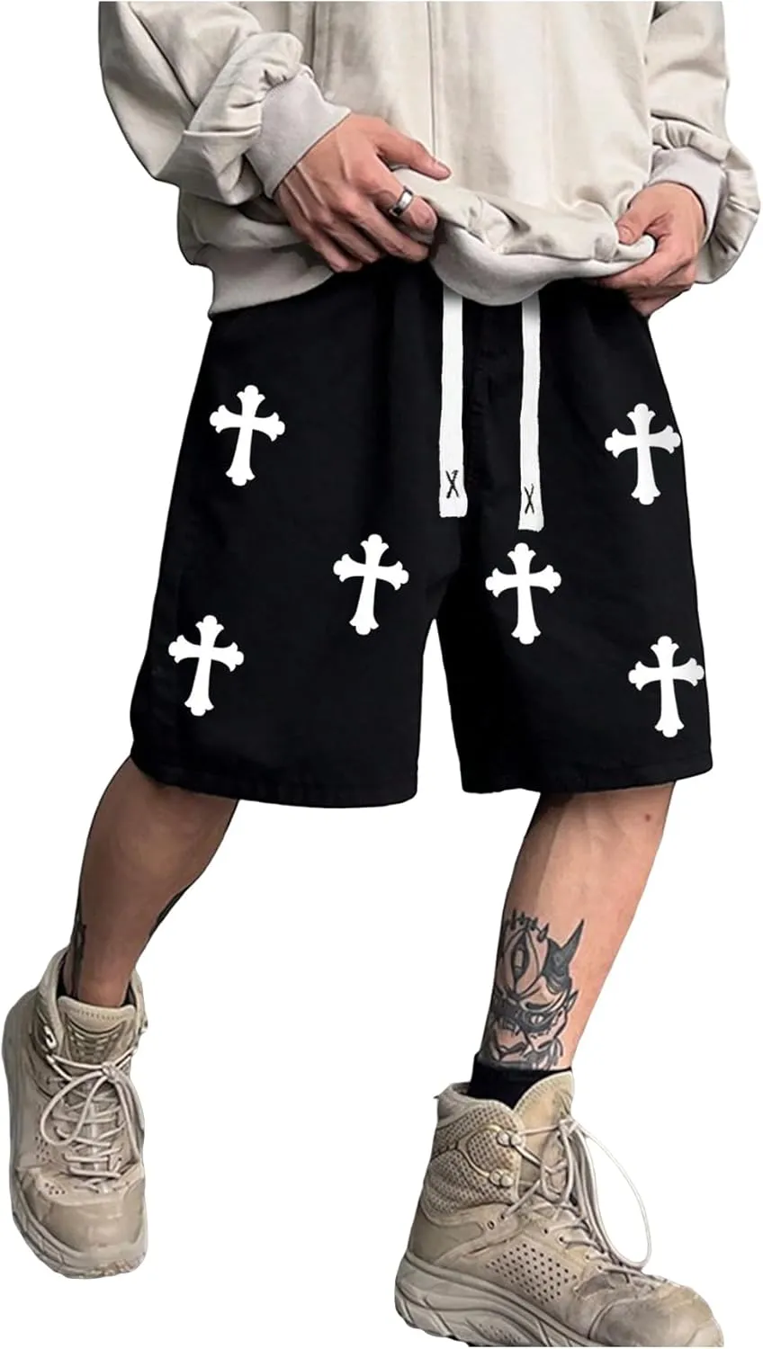 Men's Cross Graphic Shorts Gothic Drawstring Waist Workout Drippy Shorts
