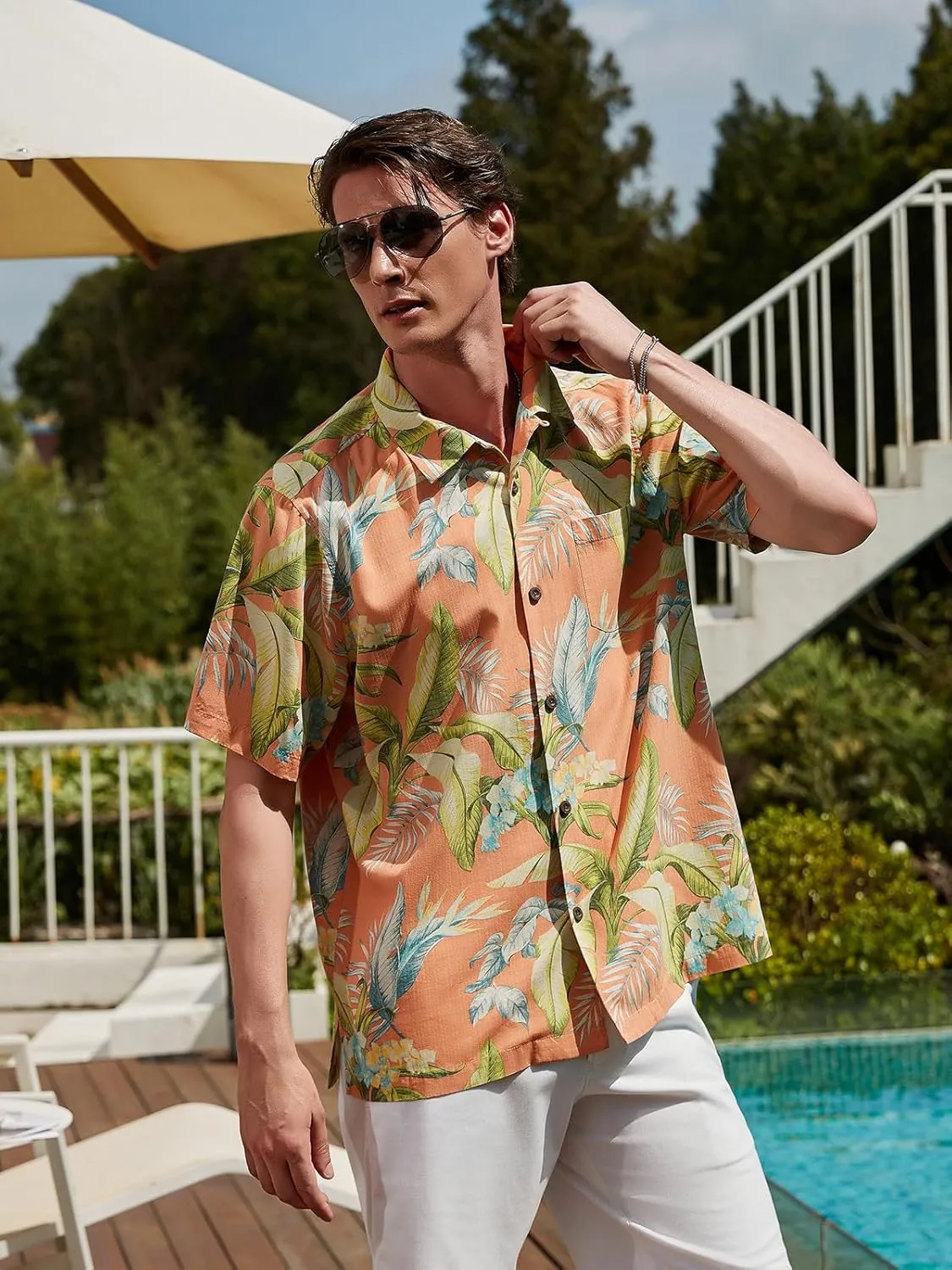 Men's Hawaiian Floral Shirts Silk Short Sleeve Button Down Casual Tropical Beach Holiday Shirts