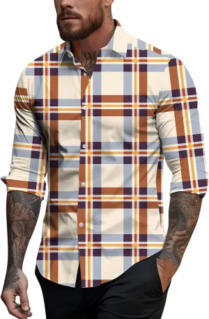 Mens Hawaiian Shirts Color Block Printed Casual Long Sleeve Button Down Turn Down Collar Slim Fit Beach Dress Shirts
