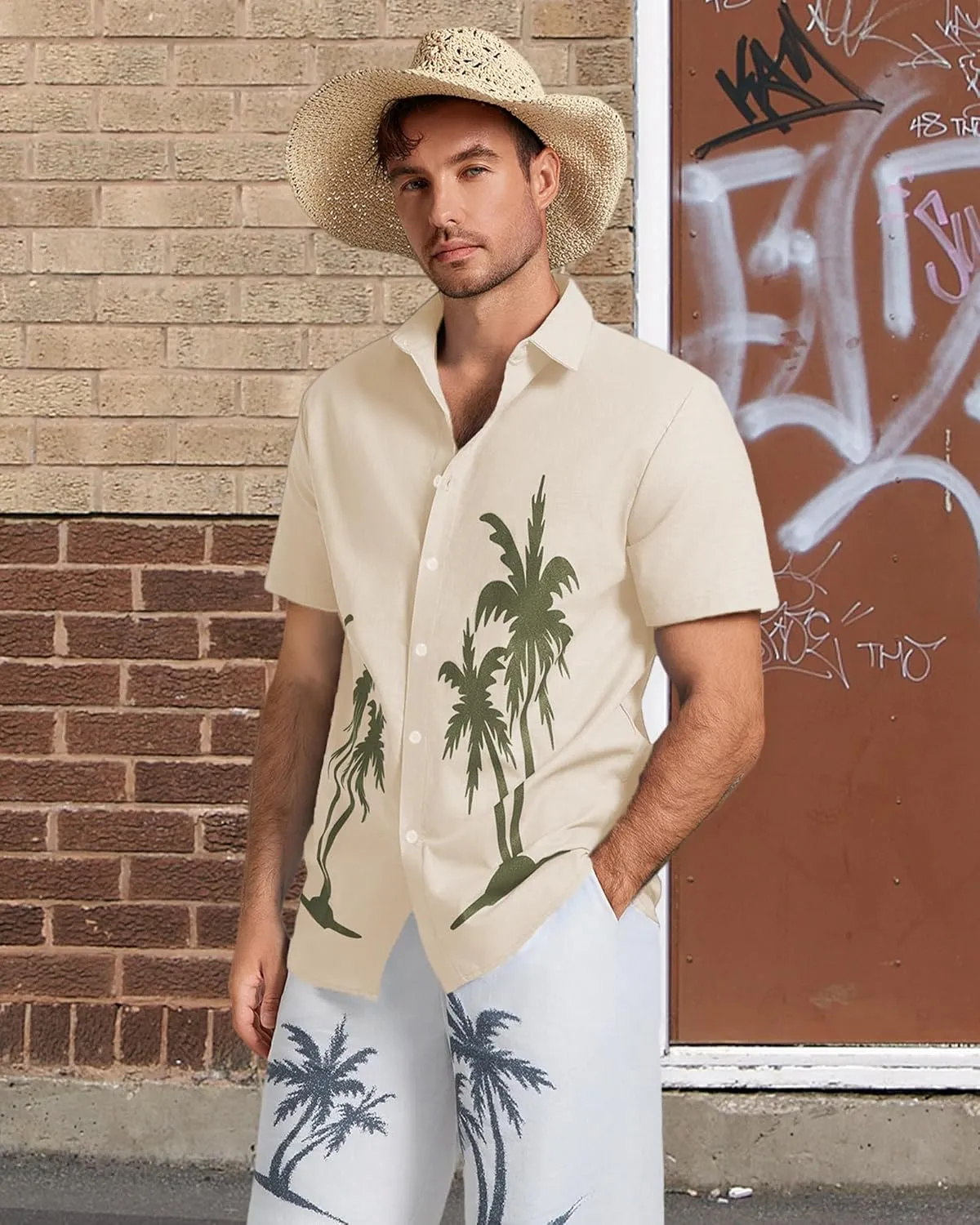 Men's Hawaiian Shirts Short Sleeve Button Down Shirts for Men Summer Beach Cotton Linen Shirt Mens Casual Outfit