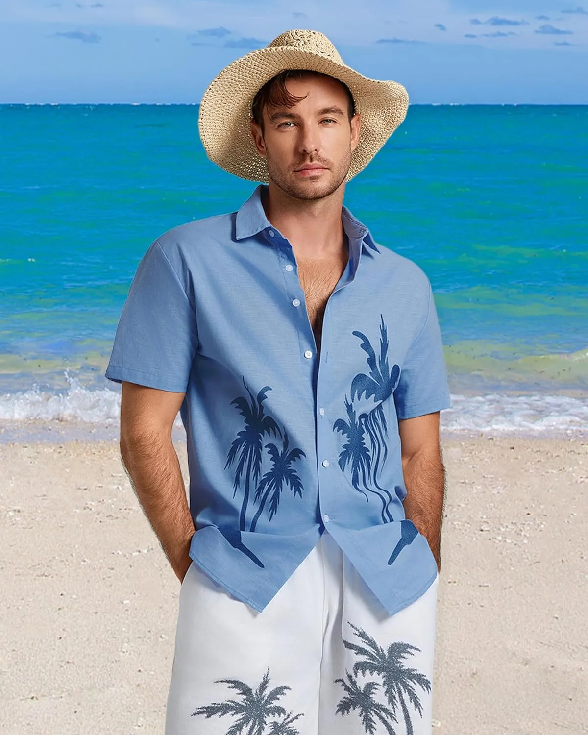 Men's Hawaiian Shirts Short Sleeve Button Down Shirts for Men Summer Beach Cotton Linen Shirt Mens Casual Outfit