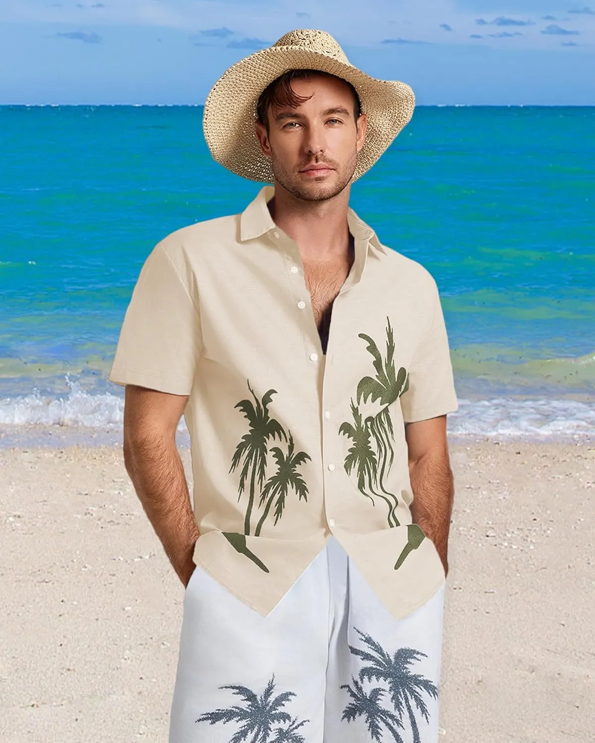 Men's Hawaiian Shirts Short Sleeve Button Down Shirts for Men Summer Beach Cotton Linen Shirt Mens Casual Outfit