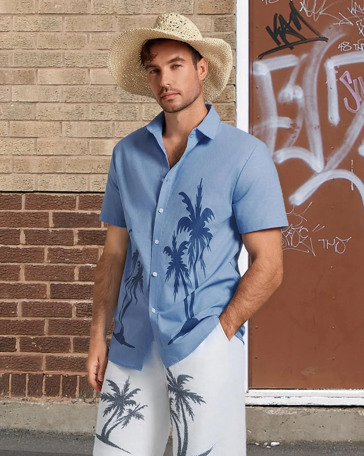 Men's Hawaiian Shirts Short Sleeve Button Down Shirts for Men Summer Beach Cotton Linen Shirt Mens Casual Outfit
