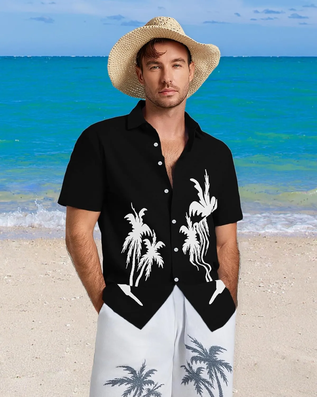 Men's Hawaiian Shirts Short Sleeve Button Down Shirts for Men Summer Beach Cotton Linen Shirt Mens Casual Outfit