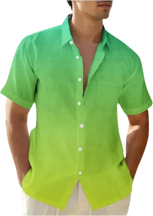 Mens Hawaiian Short Sleeve Gradient Shirts Summer Casual Button Down Shirt Fashion Tropical Vacation Lapel Shirts