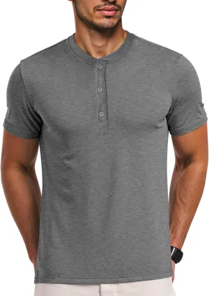 Men's Henley Short Sleeve Shirts Casual T-Shirts Button Top Summer Soild Basic Tee