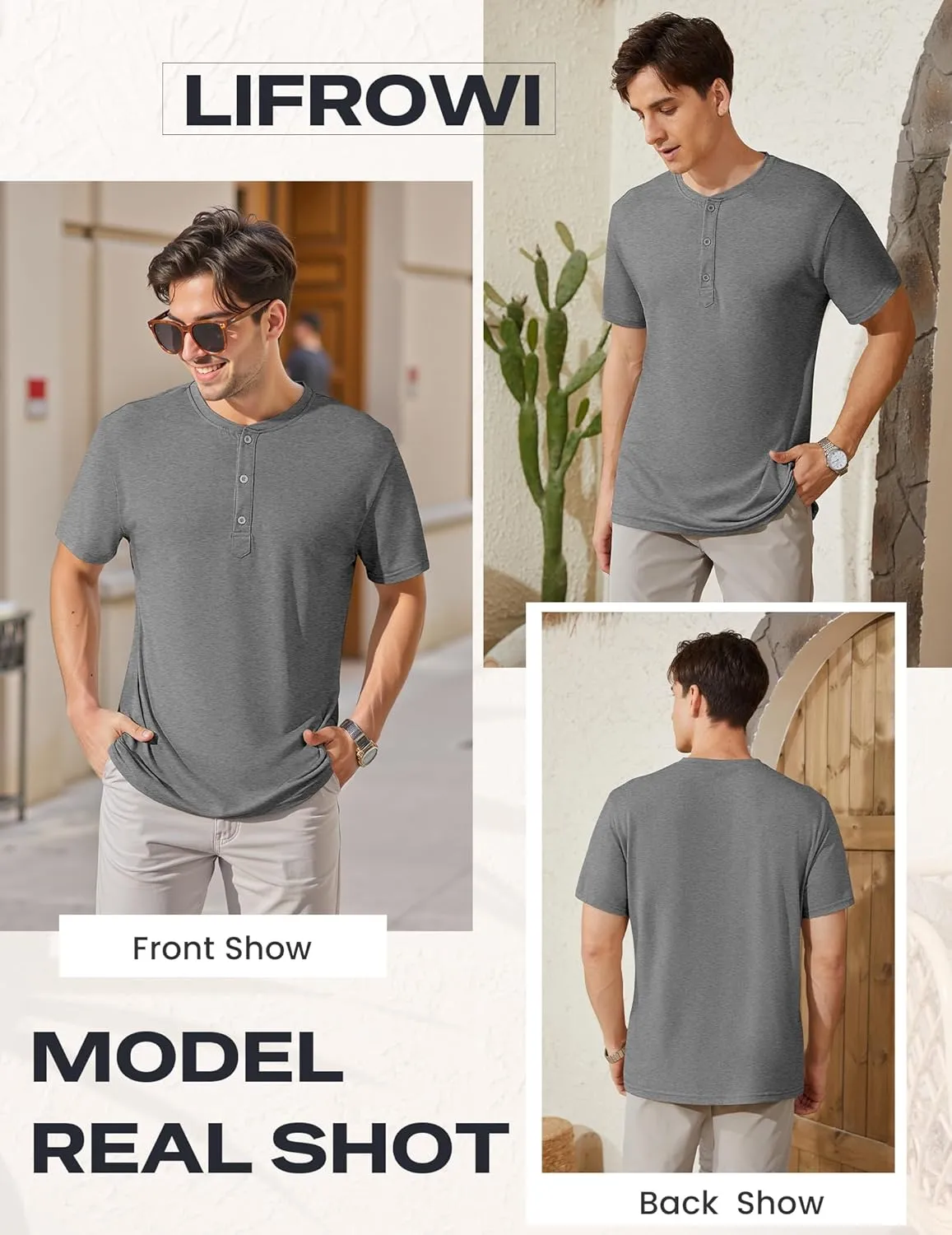 Men's Henley Short Sleeve Shirts Casual T-Shirts Button Top Summer Soild Basic Tee